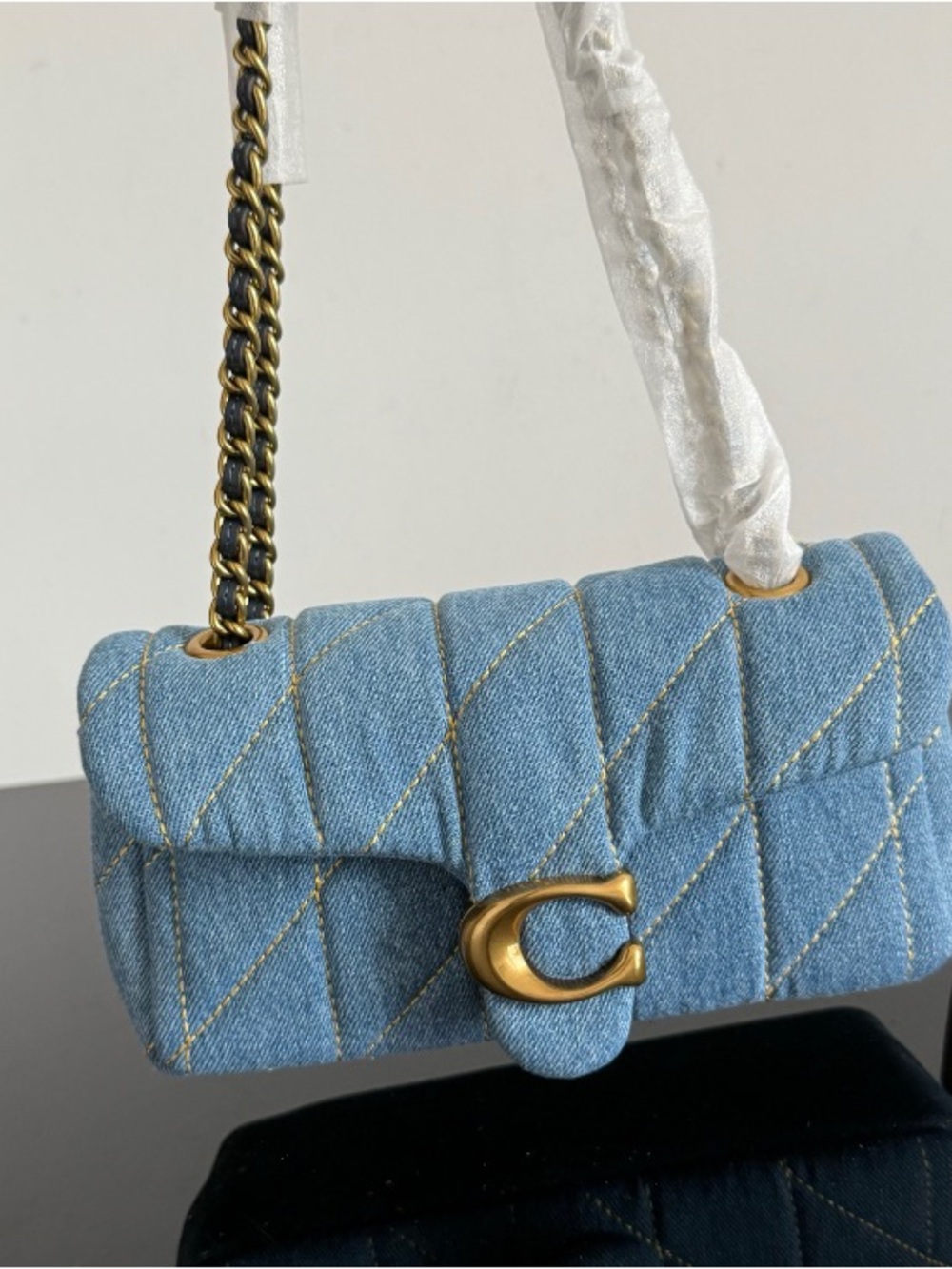Coach Light Blue Quilted Denim Mini Crossbody with Gold Hardware